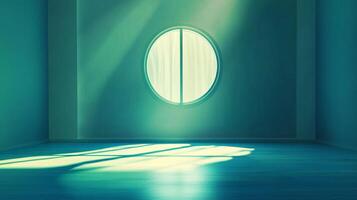 Sunlight streams through a round window in an empty room, casting shadows on the floor, creating a serene and peaceful atmosphere. photo