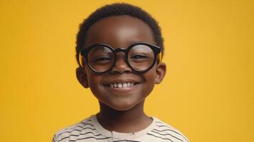 Smiling young child with glasses in front of a yellow background, radiating joy and innocence with bright and happy expression. photo