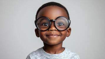 Charming young boy with round spectacles radiating innocence and joy, set against a neutral backdrop for a timeless portrait. photo