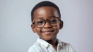 A smiling young boy with glasses exudes innocence and confidence in a studio portrait. He is smart and adorable. photo