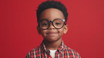 Young boy with glasses smiling softly against a red background. He is wearing a plaid shirt and has a cheerful expression. photo