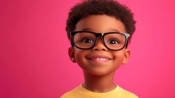 Smiling young child with glasses, bright pink background. Happiness captured. A joyful expression and a bright and colorful setting. photo