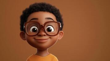 Cartoon image of a boy with glasses. He is smiling gently. The character is set against a plain brown background. photo