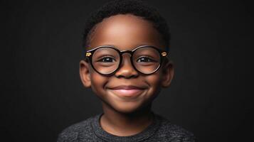 Smiling boy wearing round glasses. Close-up portrait on a dark background. Cheerful, confident young child with a beautiful smile. photo