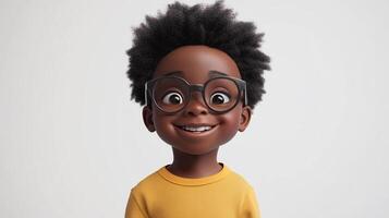 Cartoon child with glasses smiling against a plain background, demonstrating youthful joy and charm through big, expressive eyes. photo