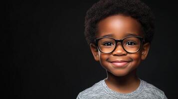 Smiling boy with glasses. Capturing childhood innocence and joy with a classic portrait against a dark background. photo