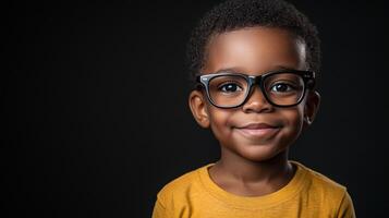 A cute African American boy wearing glasses smiles sweetly. He has on a yellow shirt and is in front of a dark background. photo