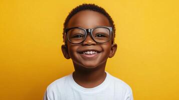 Young boy with a cheerful grin, wearing spectacles, stands before a golden backdrop, radiating positivity and confidence. photo