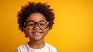 Smiling child portrait against vibrant yellow. The young boy wears glasses and has curly hair, looking directly at the camera with a happy expression. photo