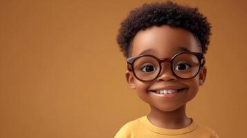 Smiling child with glasses, against a simple backdrop, radiating happiness and innocence with their bright, inviting expression. photo