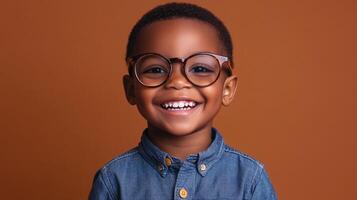 Smiling boy with glasses portrait. A joyful child with round spectacles and a denim shirt on a bronze color backdrop. Young student. photo