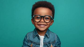 Adorable little boy with glasses smiling brightly. His cheerful grin is infectious, radiating joy and innocence on the plain teal backdrop. photo