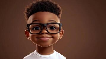 Charming young boy with a warm smile wearing stylish black framed glasses, set against a soft brown backdrop, radiating innocence and joy. photo
