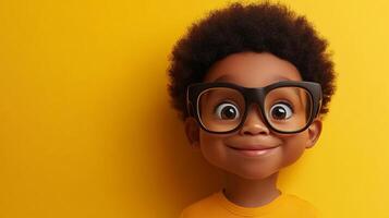 Young boy with glasses smiling against a yellow background. Character illustration with big eyes and happy expression. photo
