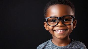 Smiling young boy with glasses. A dark background makes his face more clear and easy to see. He is joyful and expressive. photo