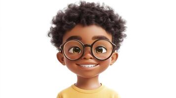 A cheerful young boy with curly hair and glasses smiles brightly against a white background, radiating joy and innocence in a digital illustration. photo