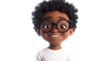 A friendly cartoon boy with glasses and an afro smiles brightly in front of a white background. He's wearing a white t-shirt. photo
