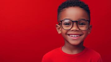 Smiling boy wearing glasses with a red background. The child is happy and looking forward with a bright, cheerful expression. photo