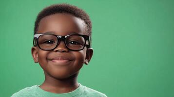 Smiling child in glasses with a green background. He is cute, cheerful, and has a friendly expression. Ideal for kids' health articles. photo