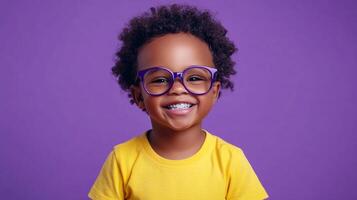 Cheerful young child smiling with glasses on a purple background, displaying innocence, playfulness, and youthful joy. photo