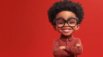 Confident young boy with a bright smile, wearing glasses and a collared shirt, standing with his arms crossed against a red background. photo