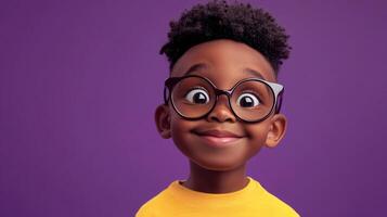 A charming portrait of a young child with glasses, set against a vibrant purple backdrop, radiating a playful and friendly vibe. photo