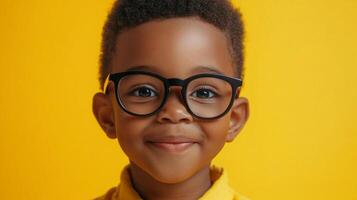 Portrait of a cute young boy with glasses smiling warmly against a vibrant yellow background, radiating happiness and youthful optimism. photo
