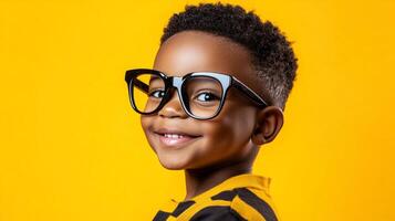 Smiling young boy with glasses against a bright yellow backdrop. He's looking at the viewer, radiating charm and intelligence. photo