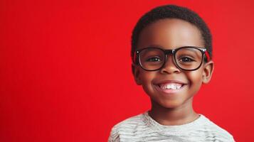 Smiling child with glasses against red backdrop. An adorable, positive, and joyful portrayal of youth with a bright, happy expression. photo
