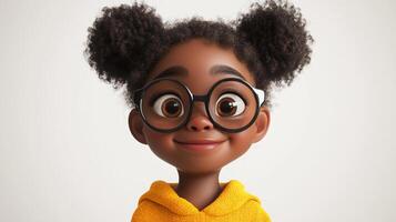 Adorable animated girl with round glasses, smiling warmly against a soft, solid white background. Happy child with cheerful facial expression. photo