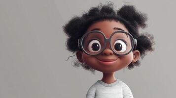 Charming cartoon rendering of a young, black girl with curly hair and large glasses, smiling warmly on a neutral grey background. photo
