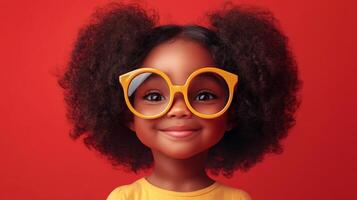 Adorable girl with glasses and afro puffs smiling against red backdrop, radiating warmth and joy with her captivating, cheerful expression. photo