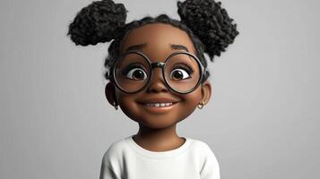 Cartoon girl with braided pigtails and glasses smiling at the camera on a plain background, radiating joy and friendliness photo