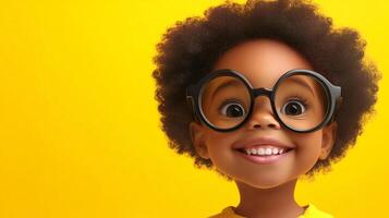 A cute child with afro hair, wearing round glasses and smiling against a bright yellow background. The child has a joyful expression on their face. photo