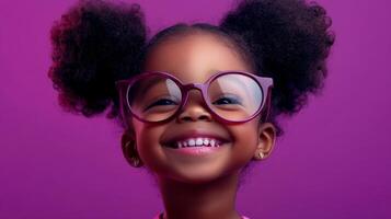 Radiant child with purple frames, smiling brightly on a magenta backdrop, exuding joy and innocence. A portrait of youthful delight. photo