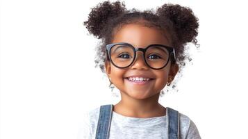 A cheerful little girl with curly hair smiles brightly while wearing round black-rimmed glasses against a plain white background. photo