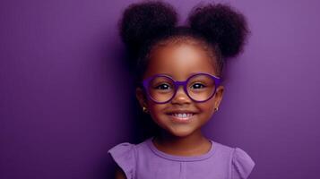 A cute girl with a beautiful smile, wearing glasses and a matching shirt. She is ready to conquer the world and follow her dreams. photo
