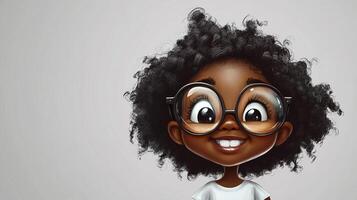 Animated child with large round spectacles and curly hair smiling brightly against a solid, neutral-toned background. photo
