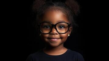 Adorable child with a warm smile, wearing glasses. A bright future ahead, filled with learning and possibilities. photo