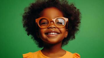 Cheerful girl with glasses. A smiling child with an afro hairstyle against a green screen radiates joy and youthful enthusiasm. photo