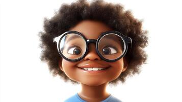 Cartoon boy with glasses and big curly hair, looking up and smiling with a bright background. He appears happy and engaging. photo