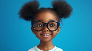 Adorable little girl with curly hair styled in buns, wearing round glasses, and smiling brightly against a vibrant blue background. photo