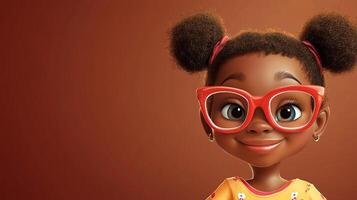 Cartoon girl with glasses and pigtails, smiling in front of a brown background. Her smile is bright and her eyes are big. photo