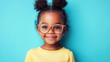 Adorable child with round spectacles against a bright turquoise background. She smiles sweetly with her curly hair styled in little buns. photo