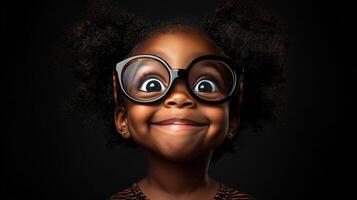 Happy girl with oversized glasses smiling directly at the camera with a dark background. The girl has a bubbly, happy expression. photo
