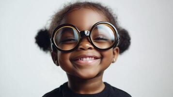 Adorable child with oversized glasses and a beaming smile against a white background. Pure joy and cuteness captured in a single frame. photo