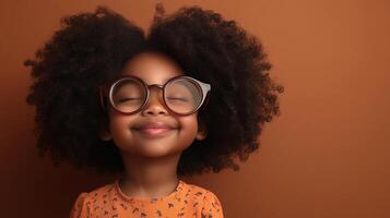 A charming young girl with a beaming smile, stylish glasses, and a voluminous afro against a complementary backdrop. Innocence captured. photo