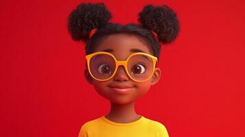 Cartoon portrait of a girl with big round glasses and curly hair puffs against a solid red background. Friendly and cheerful. photo