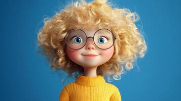 Animated girl with blonde curls, glasses, and a yellow sweater, set against a solid blue background. Charming and digitally rendered. photo