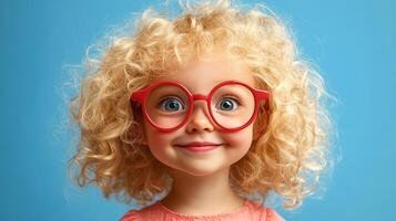 Cute child with curly blonde hair and red glasses smiles against a blue background, radiating joy and innocence in a simple portrait. photo